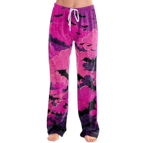 Purple Fall, Autumn, & Halloween Themed Pajama Pants Women's Halloween wide leg pants. High waist, soft, comfy, baggy style, with pockets. Great for parties. S
