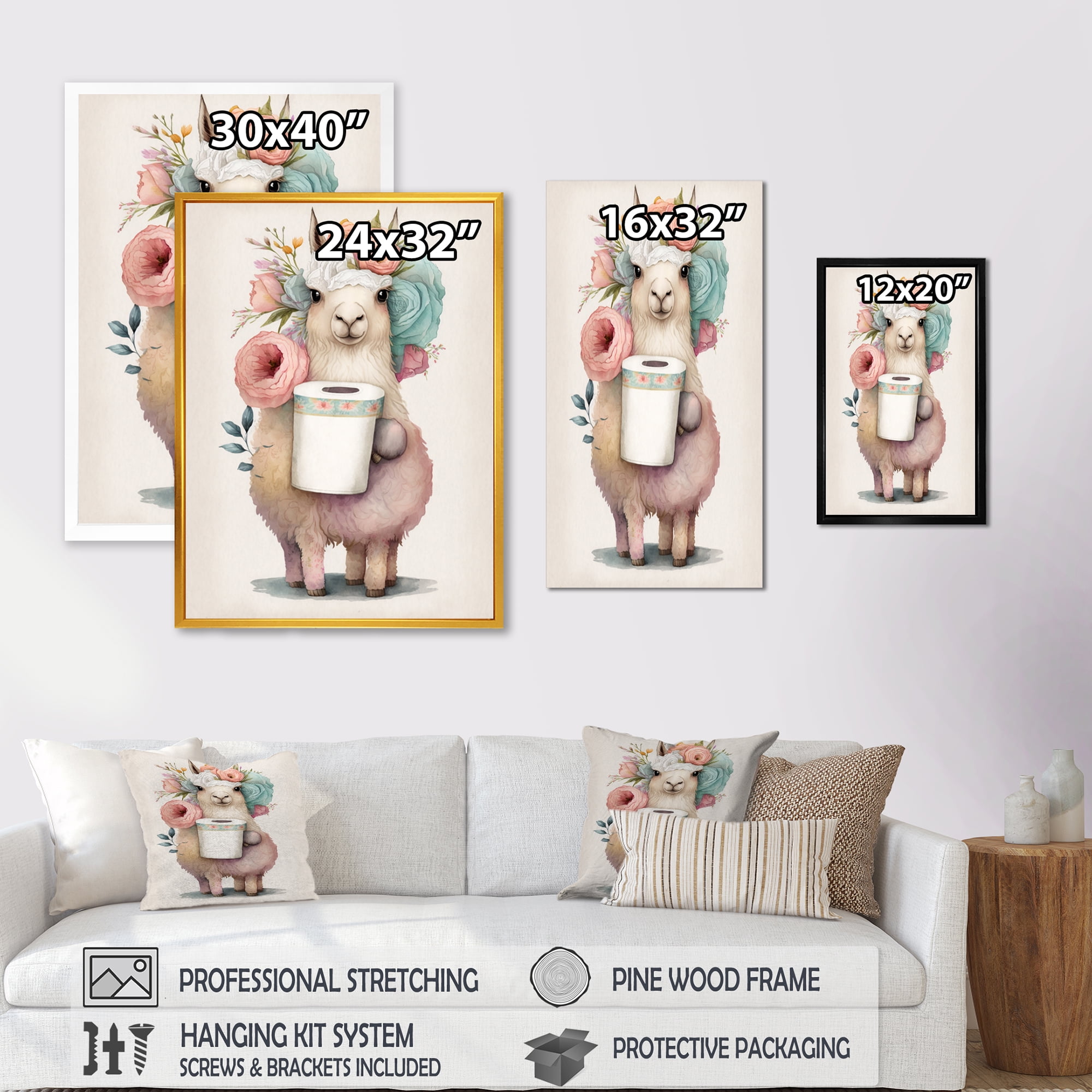 Designart Llama Building A Tower Of Toilet Paper With Flowers II Canvas Wall Art