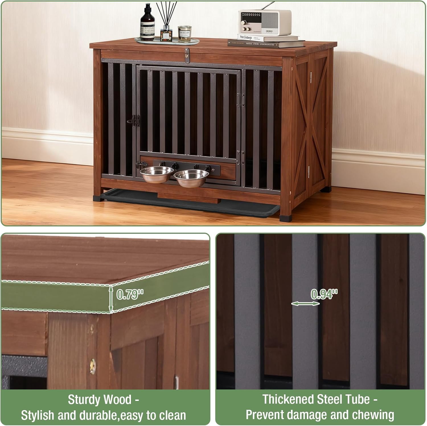 MEDEHOO 33.3’’ Dog Crate Furniture, Folding Dog Crates with 360° Rotating Bowls, Wooden Puppy Cage Kennel with Metal Frame for Small & Medium Dogs Indoor, Removable Tray and Floor (Brown)