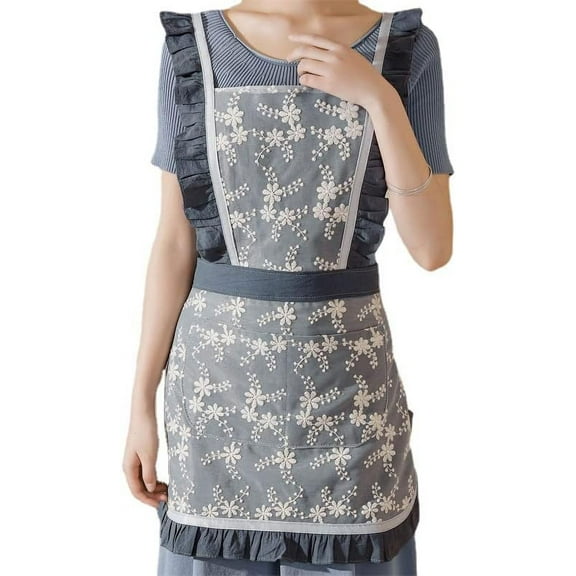 HLSOHJP Cross Back Apron for Women Embroidery Style Pinafore Dress with Pockets