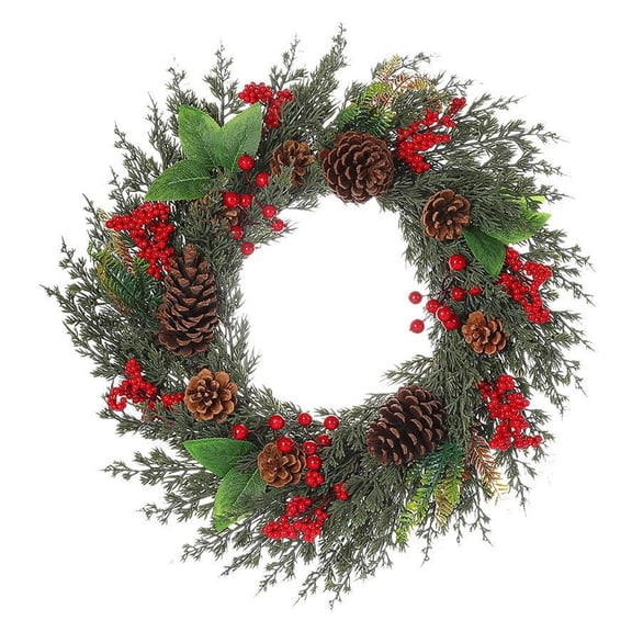 Elainilye Christmas Wreath with Pines and Red Berry 18in Rattan Ornament for Home Decor Xmas Tree Door Hanging Indoor Outdoor