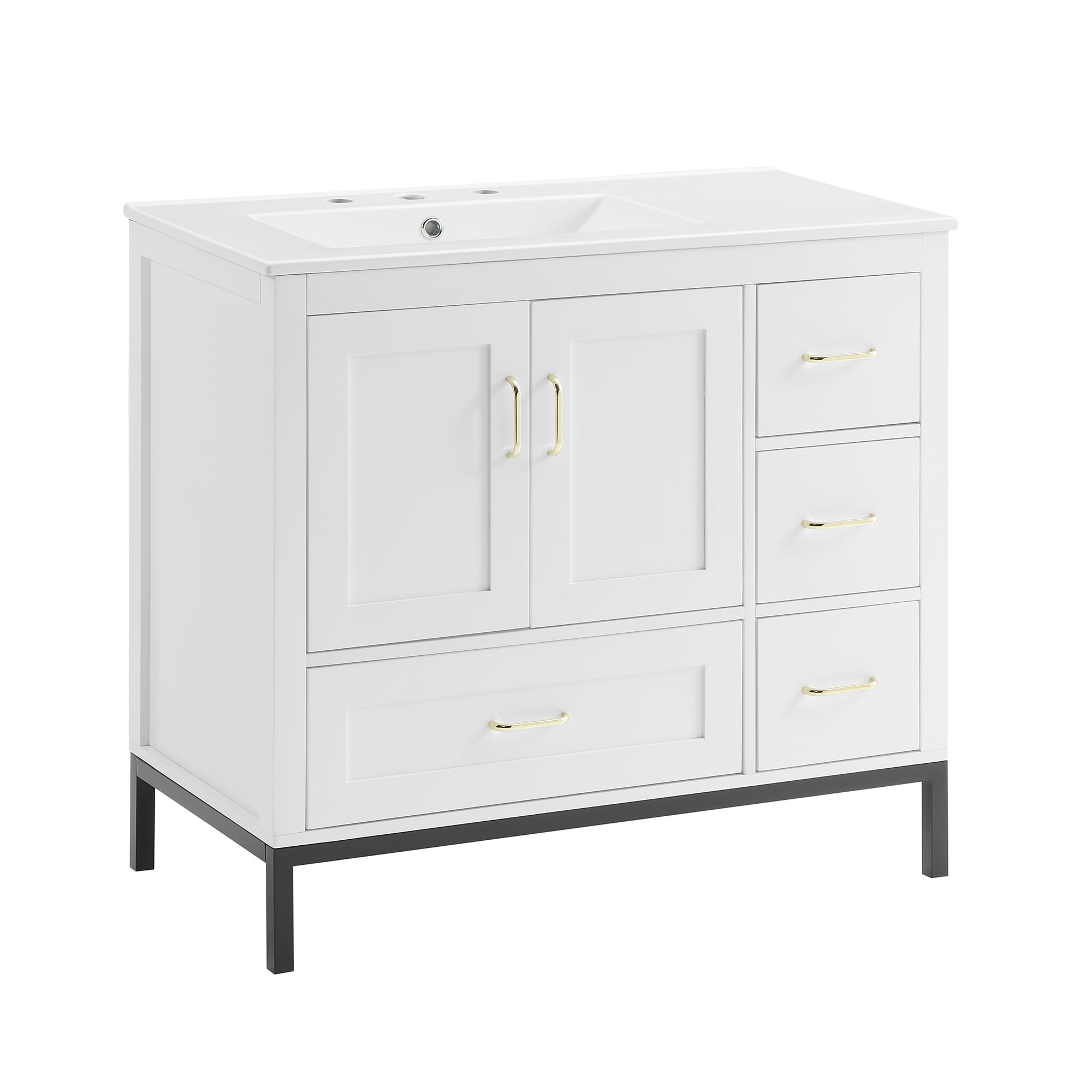 PORKISS Bathroom Vanity, Wooden Bathroom Vanity with Pedestal Under Sink, Freestanding Render Vanity with 2 Doors and 4 Drawers, Modern Vanity Cabinet for Bathroom, White