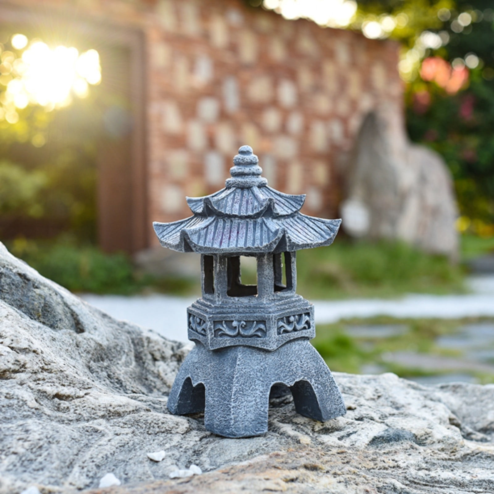 Solar Pagoda Lantern Garden Statue LED Light Outdoor Zen Garden Japanese Lantern for Landscape Balcony Patio Porch Yard Art Decor Gray Stone Finish