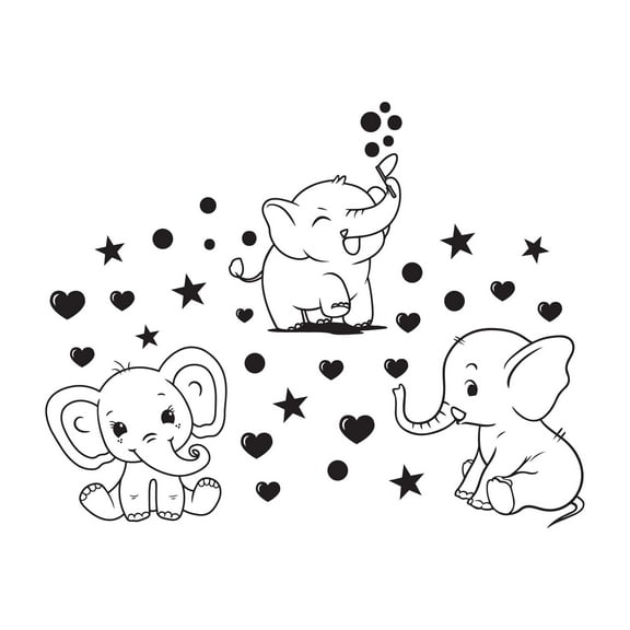 Children Adorable Animal Wall Decal Decoration Cute Playful Elephants Silhouette Little Hearts Stars Lasts Years and Easily Removable - Size: 10 In(W) x 8 In(H)