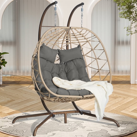 Aukfa Double Swing Egg Chair with Stand 2 Person Indoor Outdoor Wicker Loveseat with Cushions, Gray