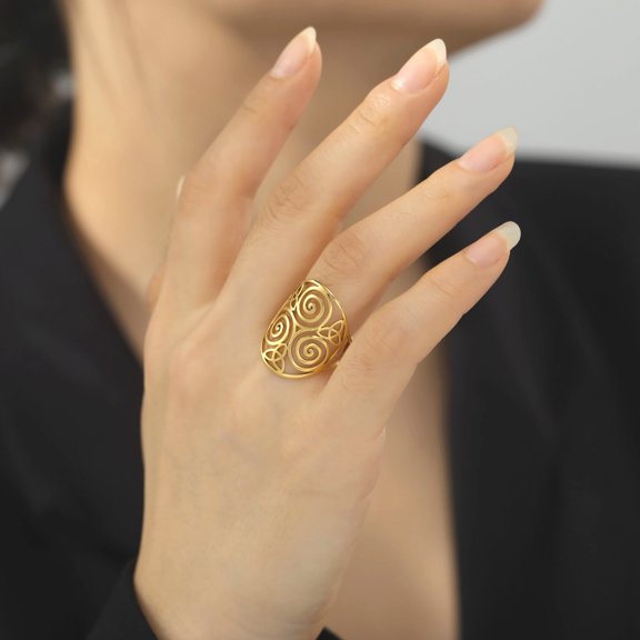 Celtics Triple Spiral Triskelion Ring for Men Women Triskele Symbol Irish Amulet 14K Yellow Gold Couple Jewelry