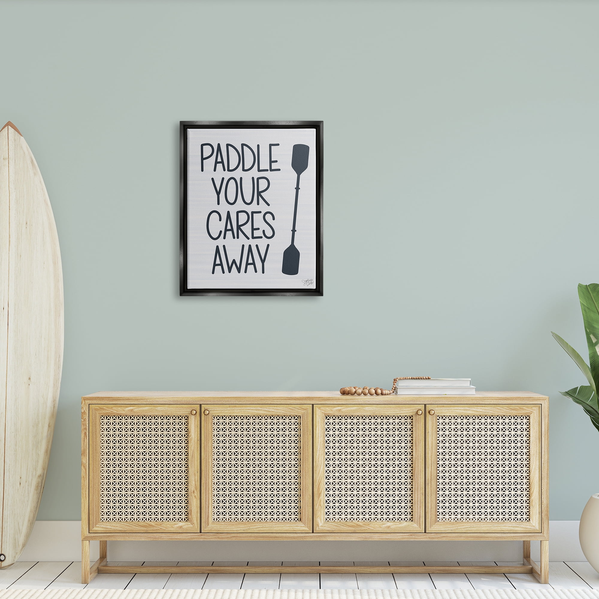 Stupell Paddle Your Cares Away Boating Phrase Landscape Painting Black Floater Framed Art Print Wall Art