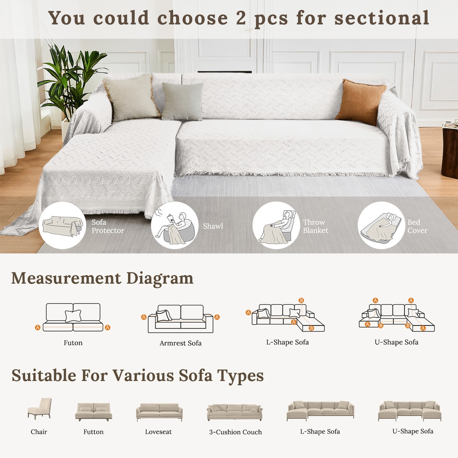 Sanmadrola Sofa Covers Couch Cover Sectional L Shape Couch Blanket Cover Sofa Slipcovers for Most Shape Sofas Washable Thick Soft Throws Cover Blankets for Living Room 91"x134" White