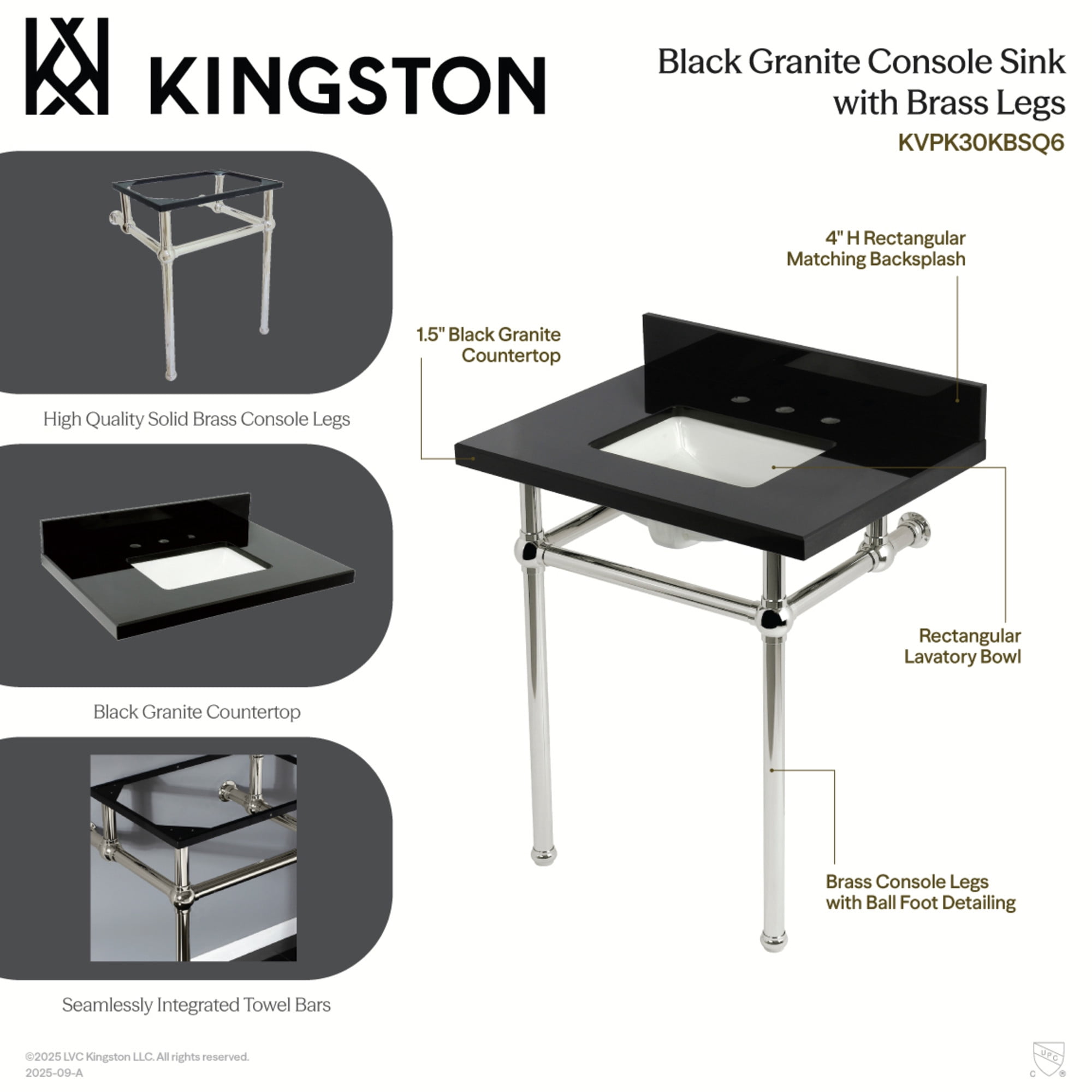 Kingston Brass KVPK30KBSQ0 Templeton 30-Inch Black Granite Console Sink with Brass Legs (8-Inch, 3-Hole) in Black Granite/Matte Black