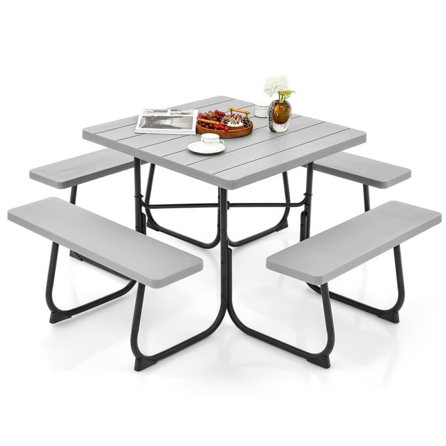 Topbuy Ensemble de Table de Pique-Nique Ronde et Banc pour 8 Personnes avec 4 Bancs et Trou pour Parasol, Gris (500 Unités)