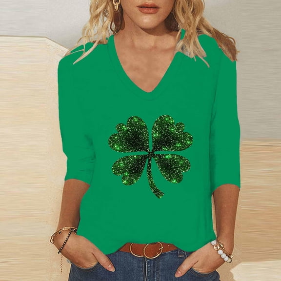 Odbmxy 3/4 Sleeve Tshirts Shirts for Women St. Patrick's Day V-Neck Women Plus Size Tops Shamrock Green Holiday Pullover Shirts