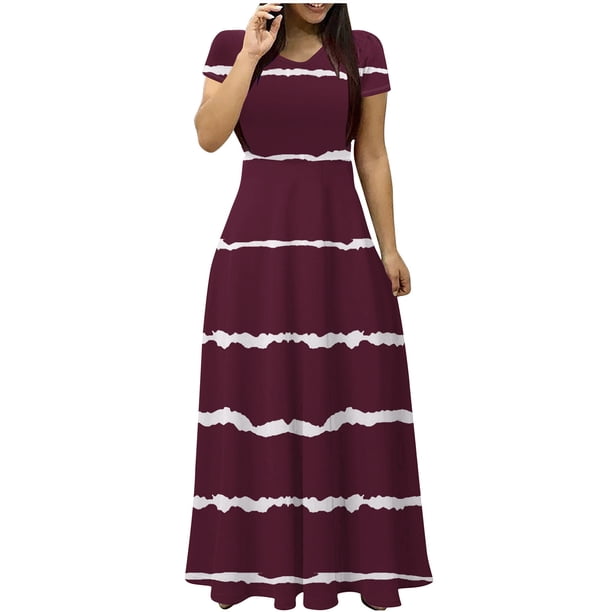 Vestido de Manga Corta para Mujeres Sexy Impreso Cuello en V Vestido Largo Delgado, Moda de las Señoras para la Primavera Y el Verano