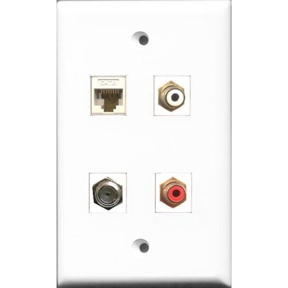 RiteAV 1 Port RCA Red and 1 Port RCA White and 1 Port Coax Cable TV- F-Type and 1 Port Cat6 Ethernet White Wall Plate