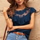 thumbnail image 3 of Blusa azul oscuro con volantes, cuello redondo, mangas cortas, detalle de encaje, top casual para mujer, talla L Summer Chic, 3 of 6