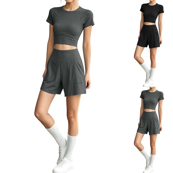 Women's 2 Piece Yoga Workout Outfit Crewneck Short Sleeve Crop Top and Athletic Shorts Sets Casual Tracksuits Running Gym Matching Set Gray
