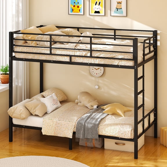 Black Twin Bunk Bed Square Tube High Guardrail Side Ladder Opening Iron Bed