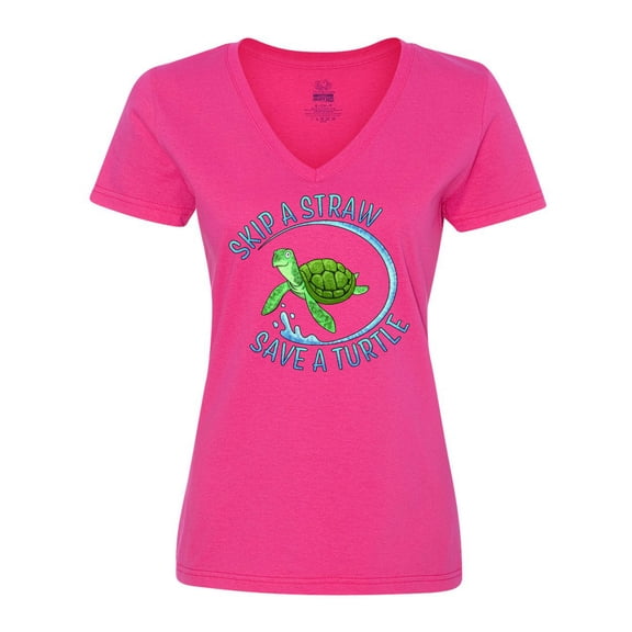 Inktastic Skip a Straw Save a Turtle with Cute Green Sea Turtle Women's V-Neck T-Shirt