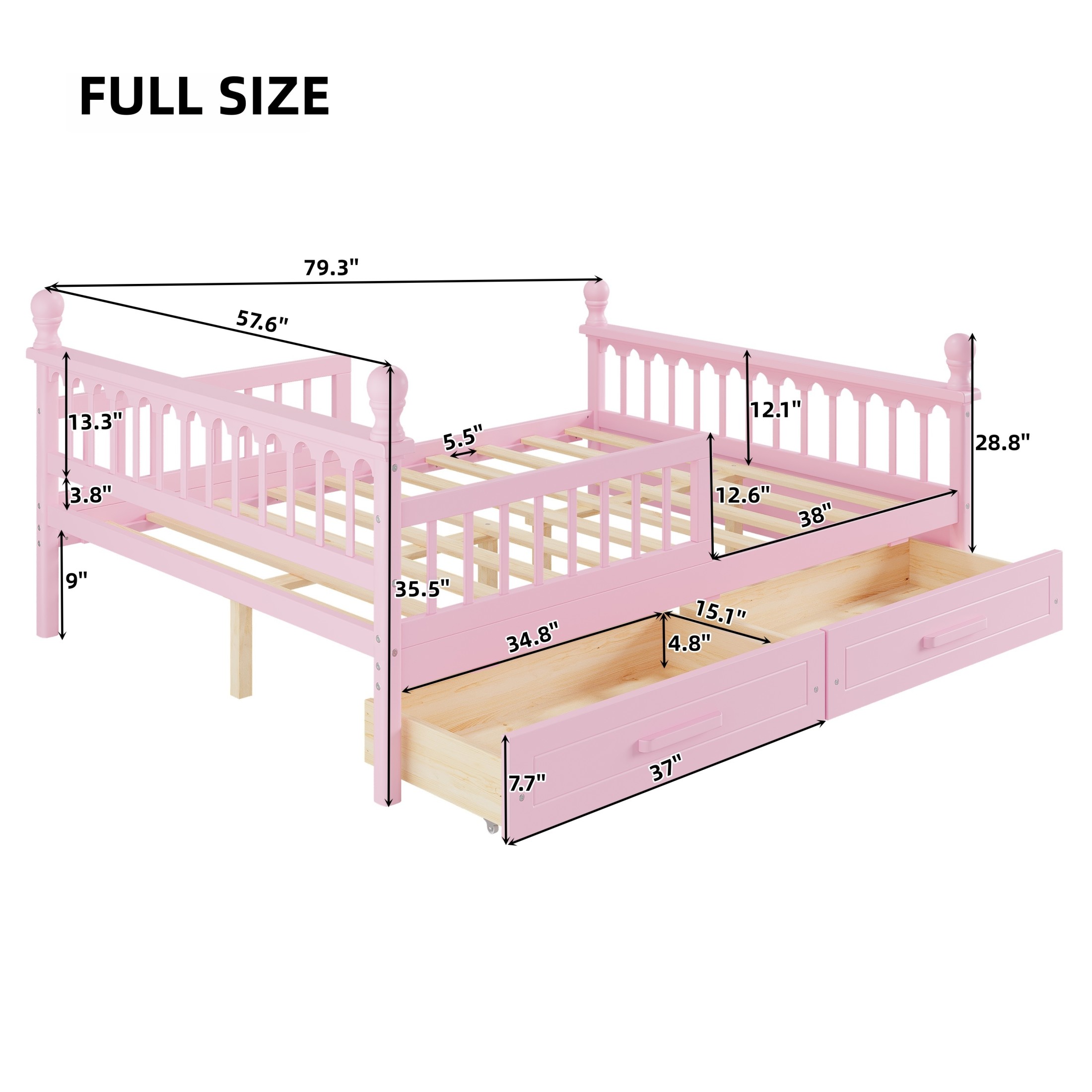 Noble House Orielle Full Kids Bed Frame with Storage Drawers, Low-Profile Platform Bed with Safety Guardrails, Pink
