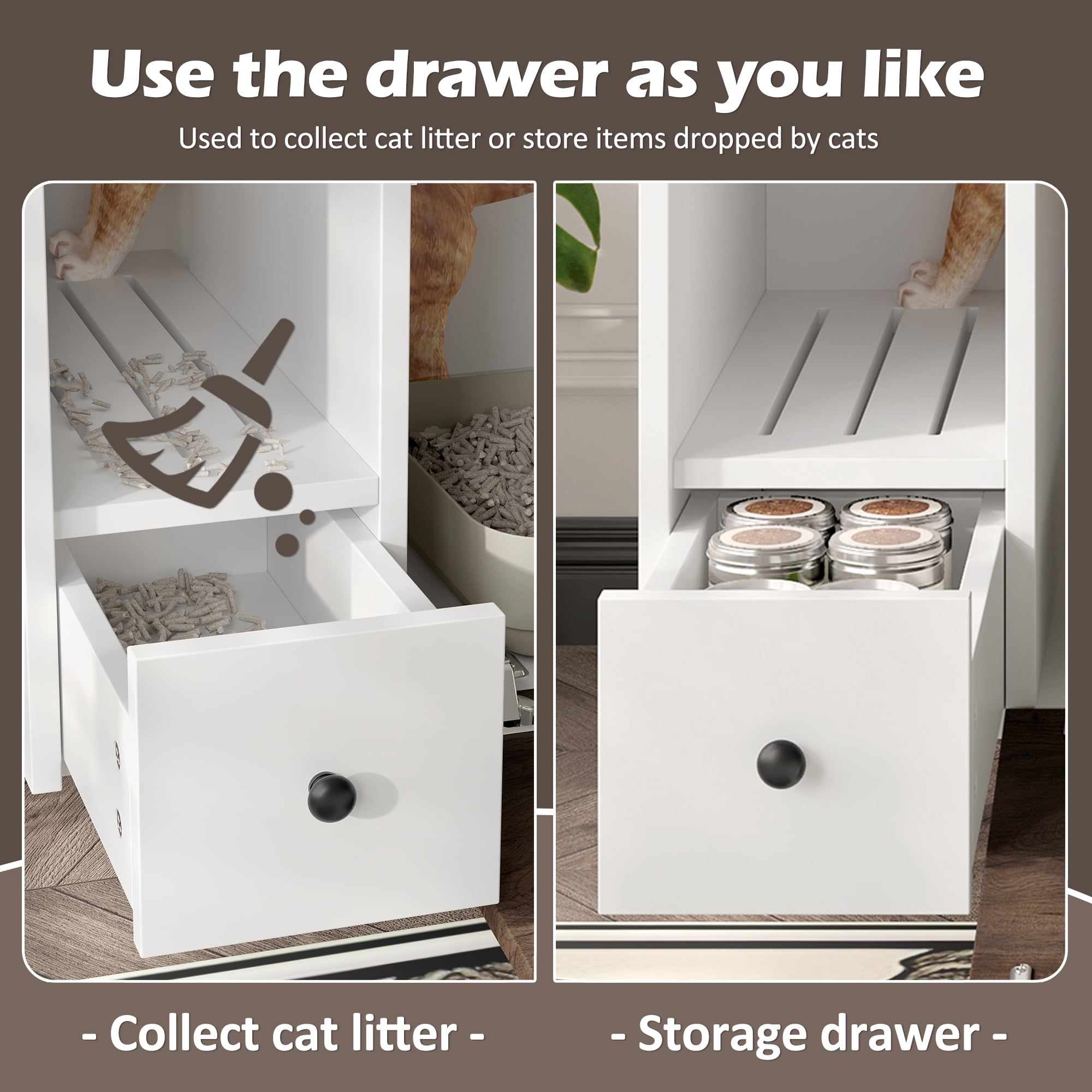 Euroco Multifunctional Cat Litter Box Enclosure Furniture with Storage Drawers, Drop-Down Door & Grooved Grille – Hidden Litter Cabinet for Cats, Side Table Style