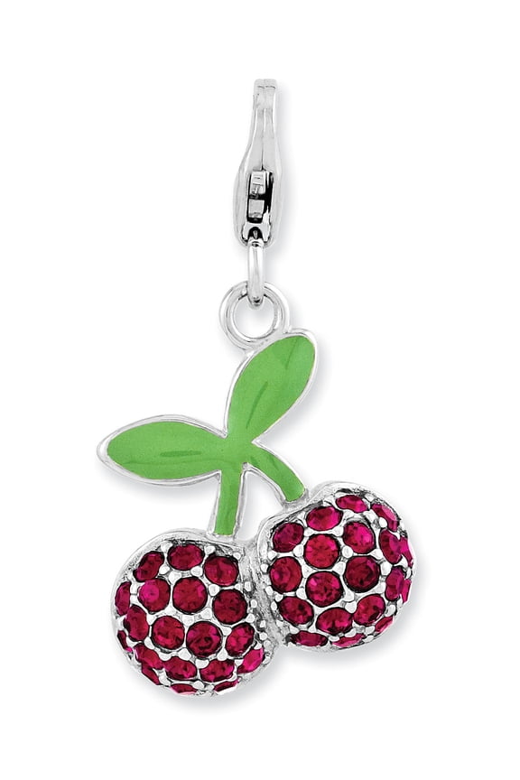 Sterling Silver Rh Enameled 3-D Cherries With Lobster Clasp Charm (20 X 15) Made In China qcc883