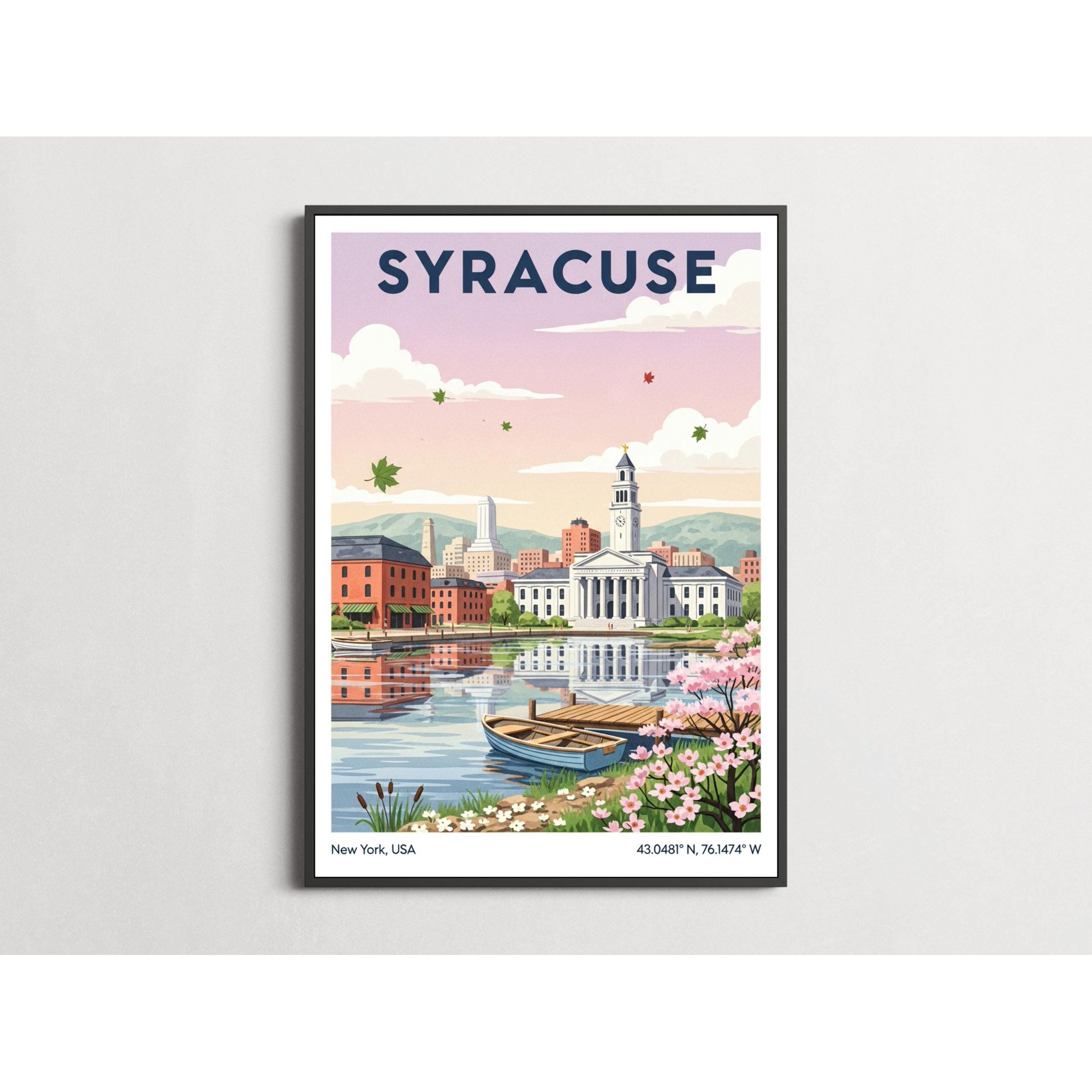 Syracuse Vintage Travel Lavender Sky And Navy Blue Decorative Wall Art Poster , Poster Print Only
