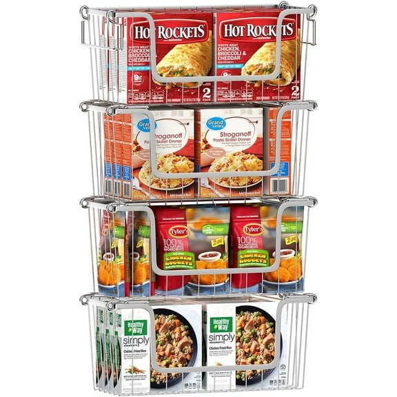 Freezer Organizer Bins, Stackable Chest Freezer Baskets Metal Wire Kitchen Pantry Storage Open Front Deep Freezer Baskets with Foldable Handles, Set of 4