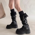 thumbnail image 5 of Women's Slouchy Knee High Boots Mid Calf Chunky Platform Boots Round Toe Riding Biker Boots with Adjustable Buckle Viking Gothic Faux Leather Shoes, 5 of 9