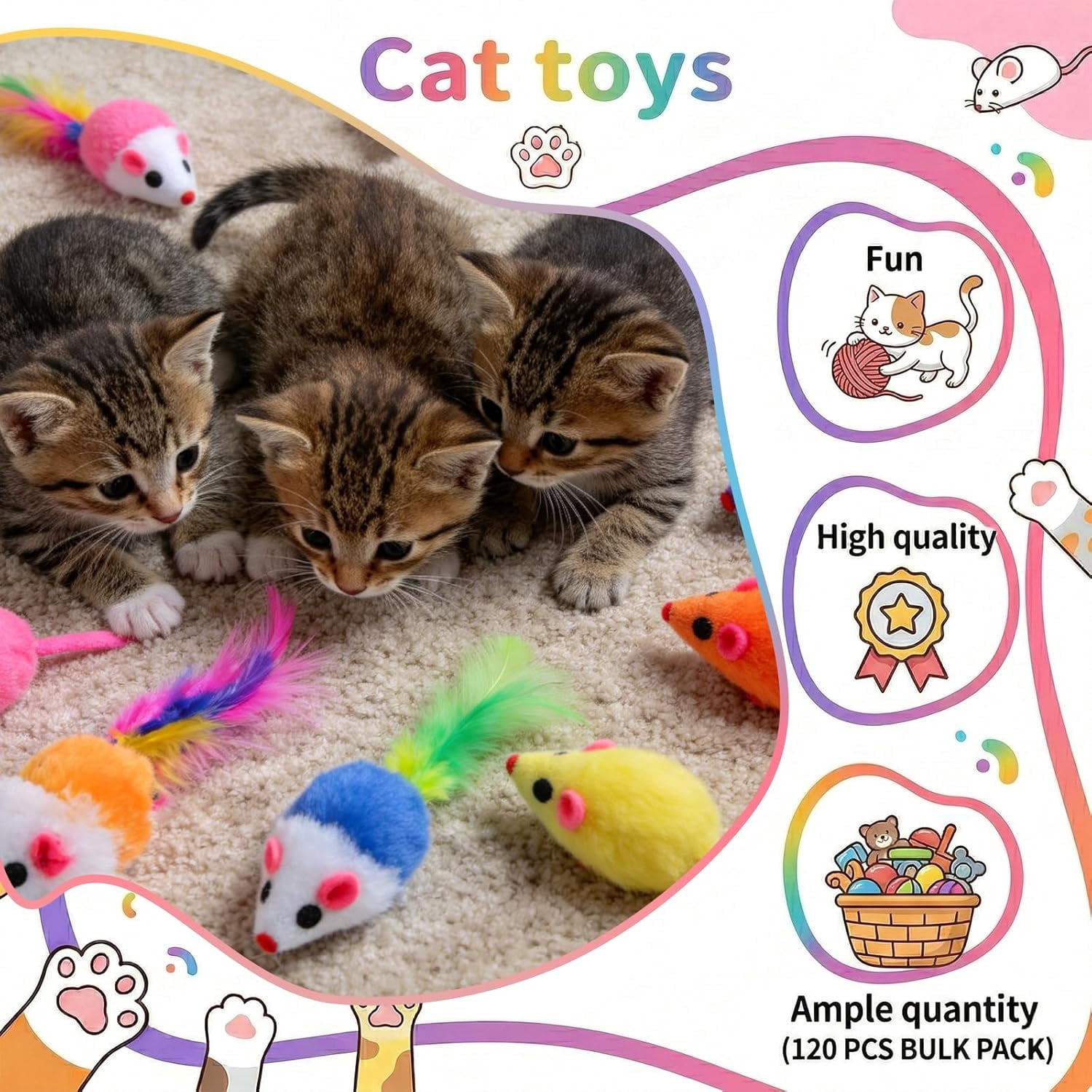 120 Pcs Fur Mice Cat Toys Furry Rattle Mouse Kitten Toy Assorted Interactive Cat Toys with Feather Tails for Indoor Cats Interactive Play Color Varies