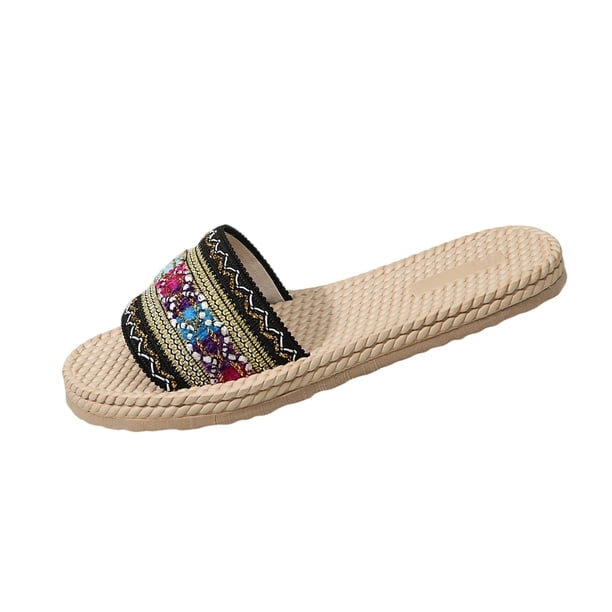 Luz de Cuerda Al Aire Libre Estilo Étnico de las Mujeres Tejido Cuña Plana Sandalias Bordado Colorido Pie Abierto, Zapatos Planos de las Mujeres
