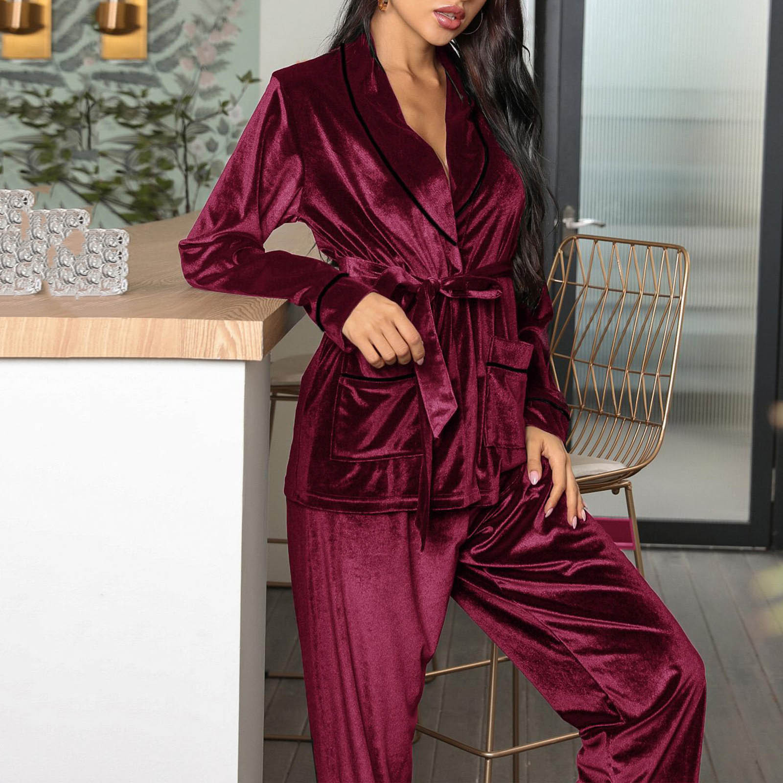 Velour Pjs for Women Sets,Ladies Velvet Pyjama Set Two Pieces Long Sleeve Casual V Neck Wrap Sweatshirt and Lounge Bottoms Nightwear Loungwear Autumn Winter Pajama Sets Sale Clearance - image 2 of 5