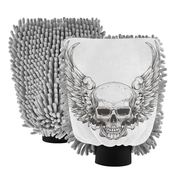 Microfiber Car Wash Gloves With Chenille & Polyester Terry Scratch-Free Cleaning Elastic Cuffs Skull Wings