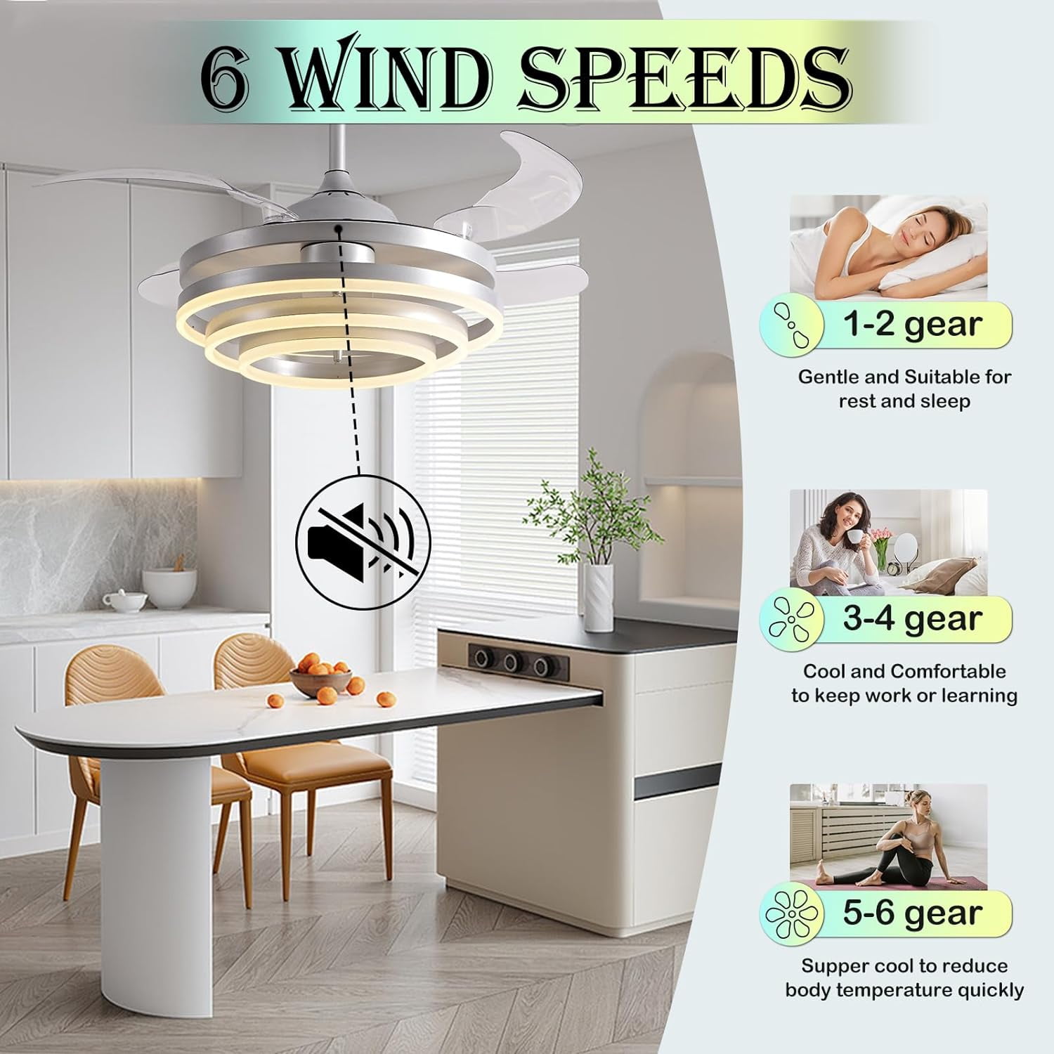Datingday 42" LED Invisible Ceiling Fan Chandelier,Modern DIY Ceiling Fan Light Remote Control 4 Retractable ABS Blades for Bedroom Living Dining Room Decoration (Silver)