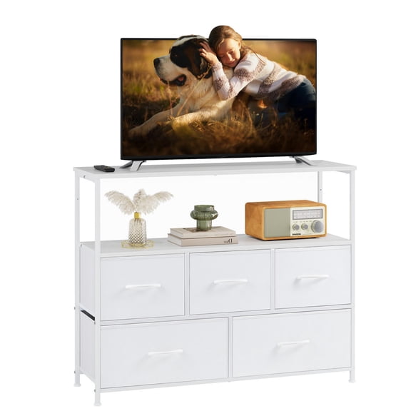 CONCETTA TV Stand Dresser with 5 Fabric Drawers and Open Shelving, Multi-functional Storage Unit for Bedroom Living Room Hallway, White