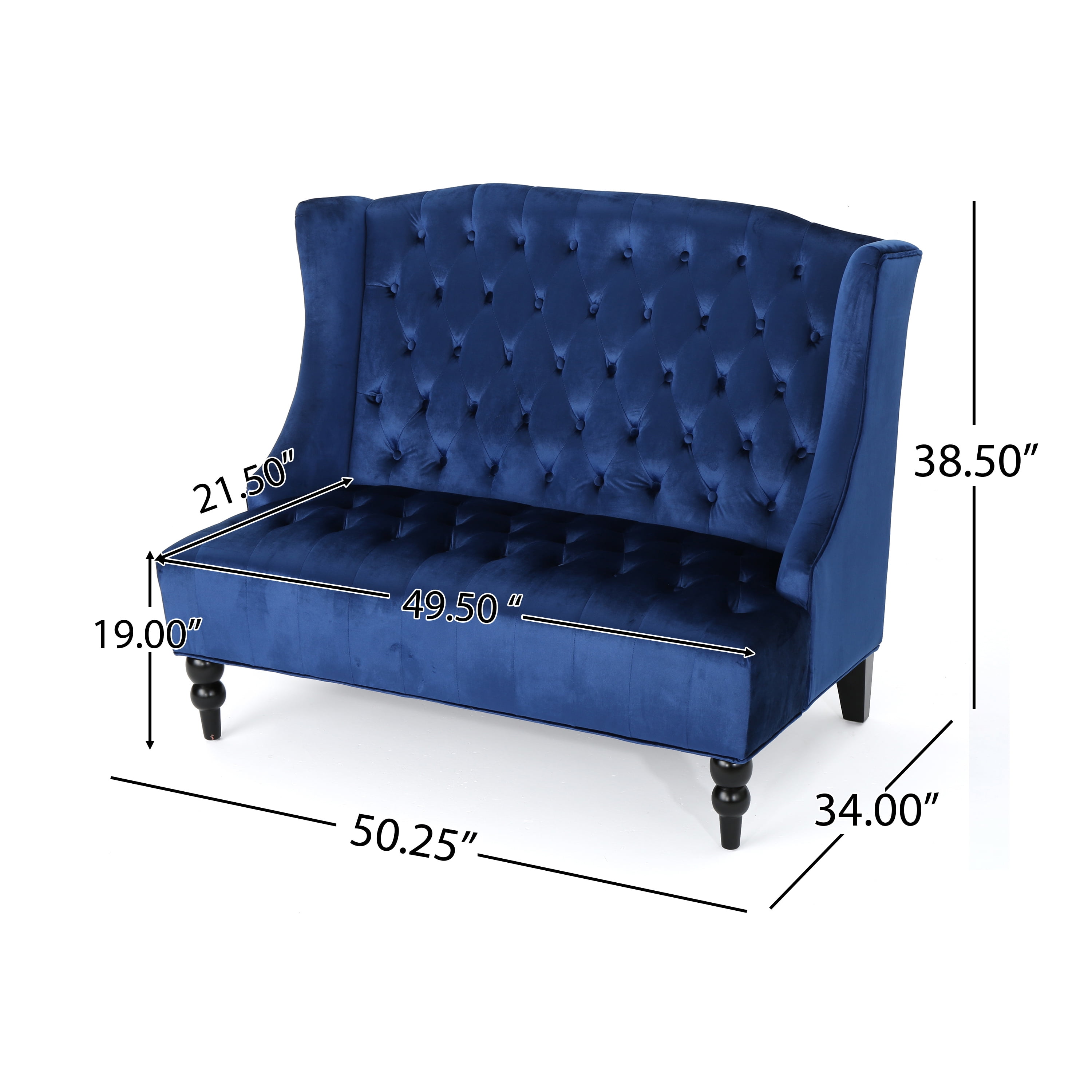 Noble House Lawrence Velvet Button Tufted Loveseat, Navy Blue