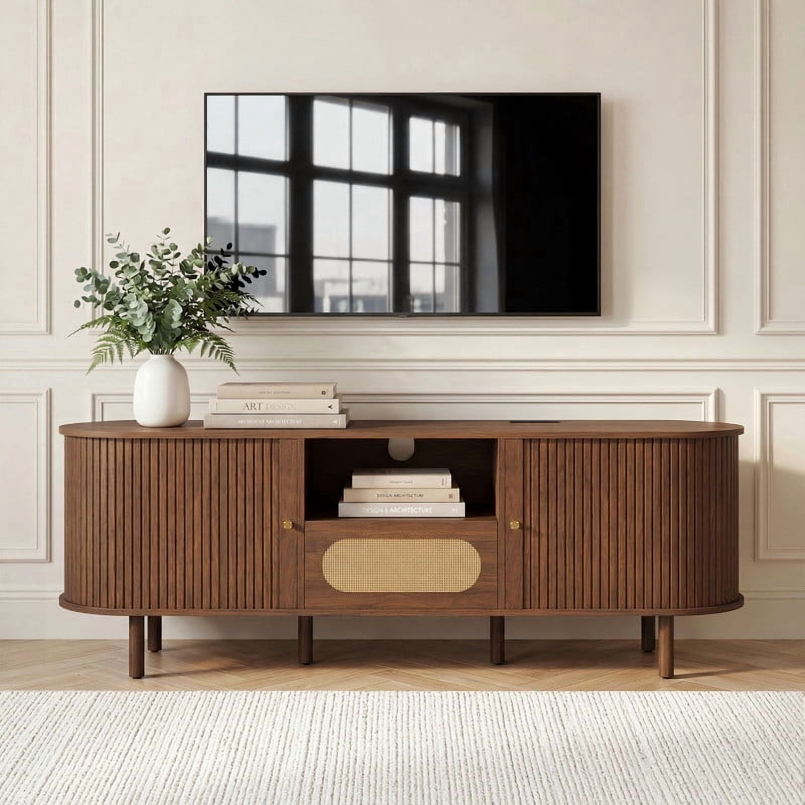 Spruce & Spring Tambour TV Stand with Power Outlet, Mid-Century Modern Entertainment Center, Rattan Drawer & Fluted Sliding Doors, Solid Wood Legs & Cable Management, Walnut, for TVs up to 70 Inch
