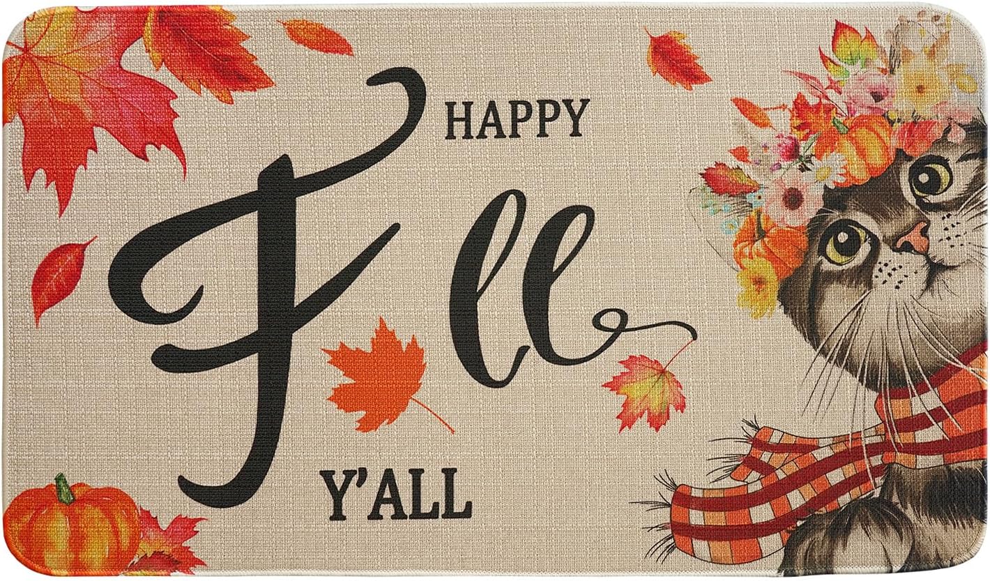 Happy Fall Yall Cat Doormat, Fall Door Mat Outdoor Entrance, Fall