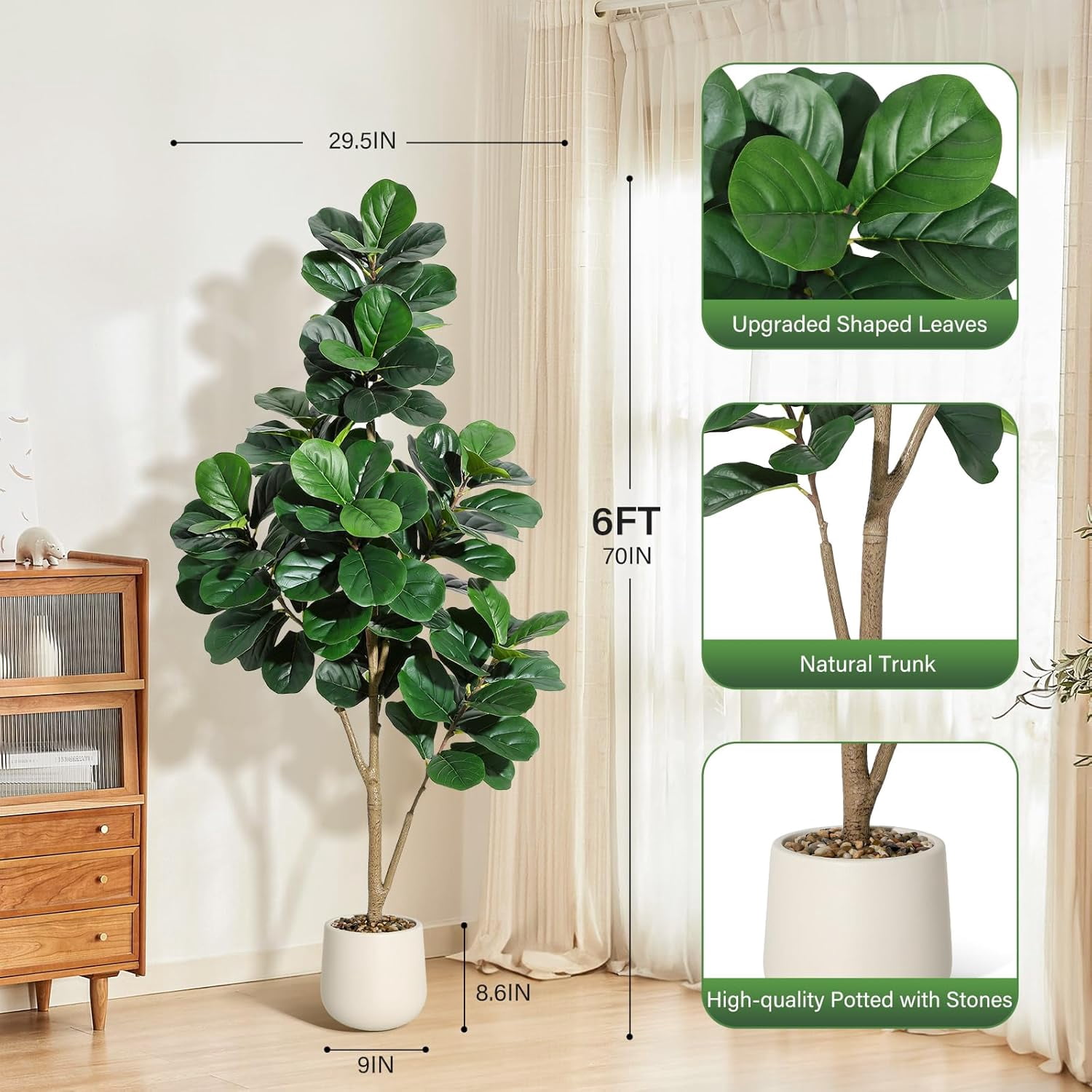 6 ft Fiddle Leaf Fig Tree Artificial with 108 Leaves - Realistic Faux Ficus Lyrata Trees in 9 in White Planter Pot, Indoor Fake Floor Plants for Home Office Living Room Decor, Housewarming Gift