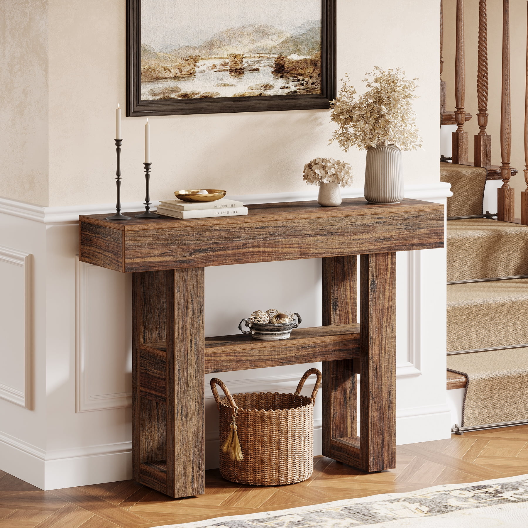 Tribesigns 41.34-Inch Farmhouse Console Table, 2-Tier Narrow Sofa Table Behind the Couch, Entryway Furniture with Storage Shelves for Living Room, Hallway, Foyer, Rustic Brown