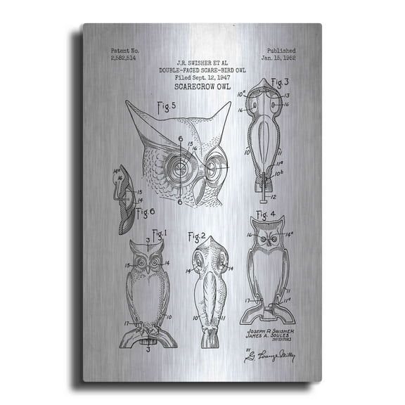 Luxe Metal Art 'Scarecrow Owl Blueprint Patent White' Metal Wall Art, 12"x16"