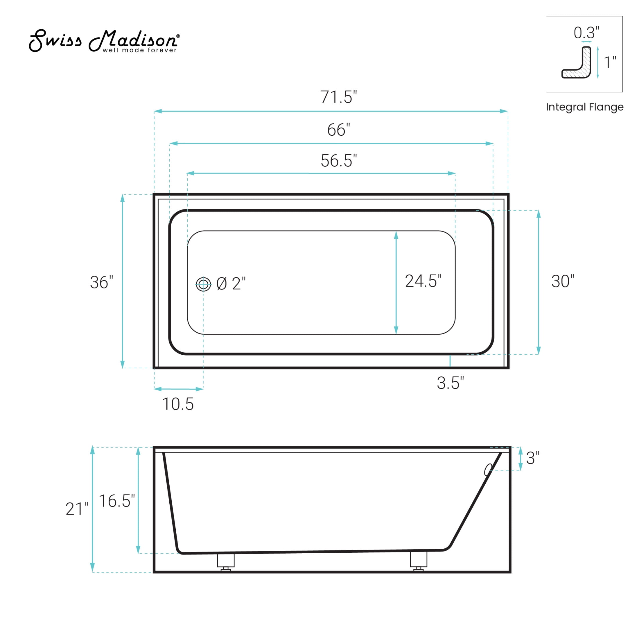 Voltaire 72 x 36 Left Drain Soaking Alcove Corner Apron Bathtub in Glossy White