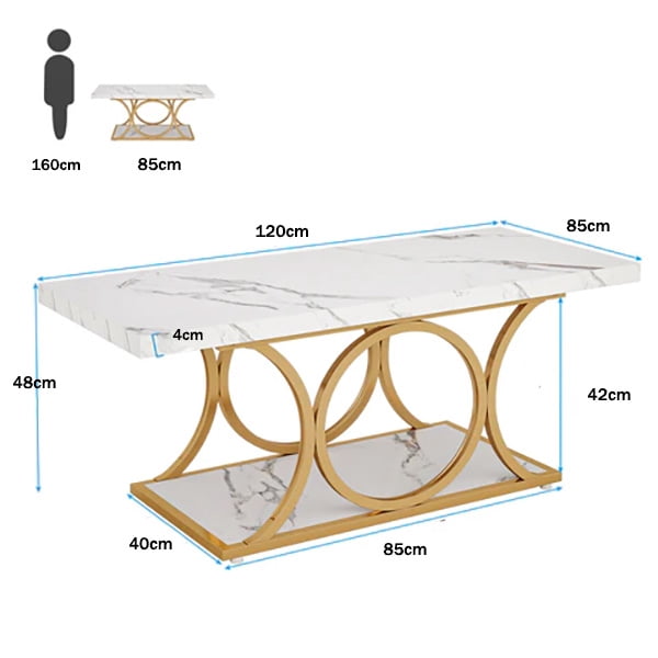 Rectangle Coffee Table 47.24", Modern 2-Tier Center Table with Faux Marble Top & Gold Metal Legs, Sturdy Living Room Coffee Table