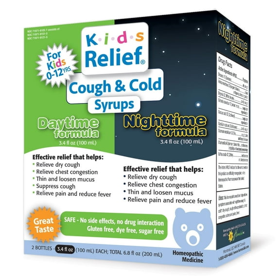 Kids Relief Cough & Cold Syrup Combo Daytime & Nightime Formula for Kids 0-12 Years, Gluten & Dye Free, No Added Sugar, 2 x 3.4oz