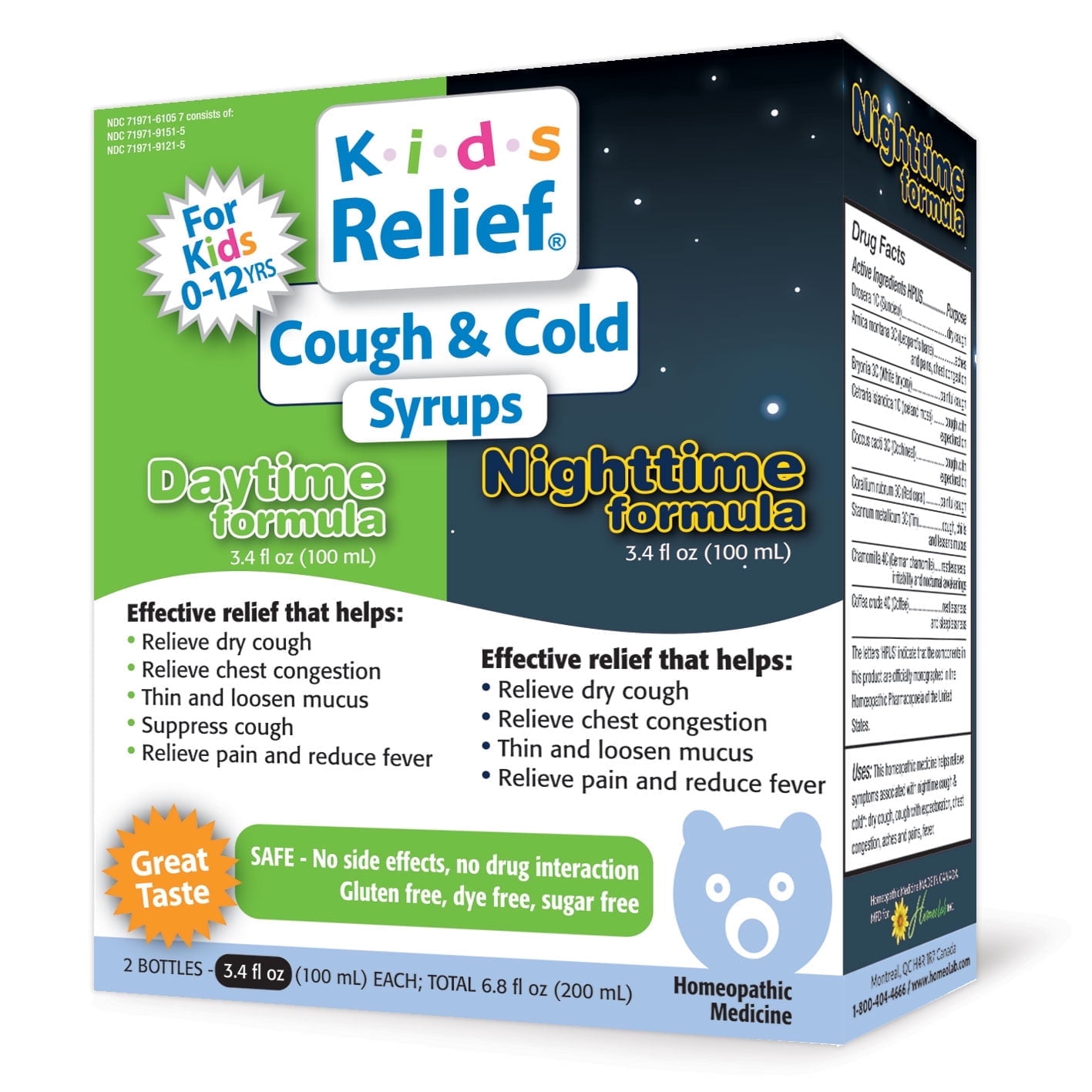 Kids Relief Cough & Cold Syrup Combo Daytime & Nightime Formula for Kids 0-12 Years, Gluten & Dye Free, No Added Sugar, 2 x 3.4oz