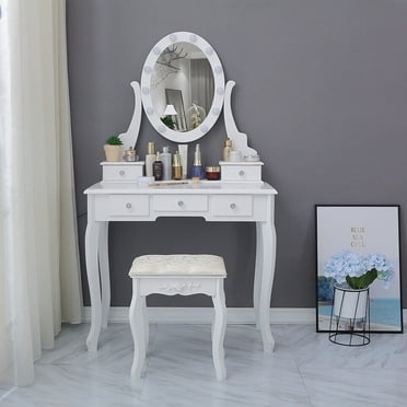 Vanity Table 10 Led Lights Mirror 5 Drawers Makeup Dressing Desk with Stool Set
