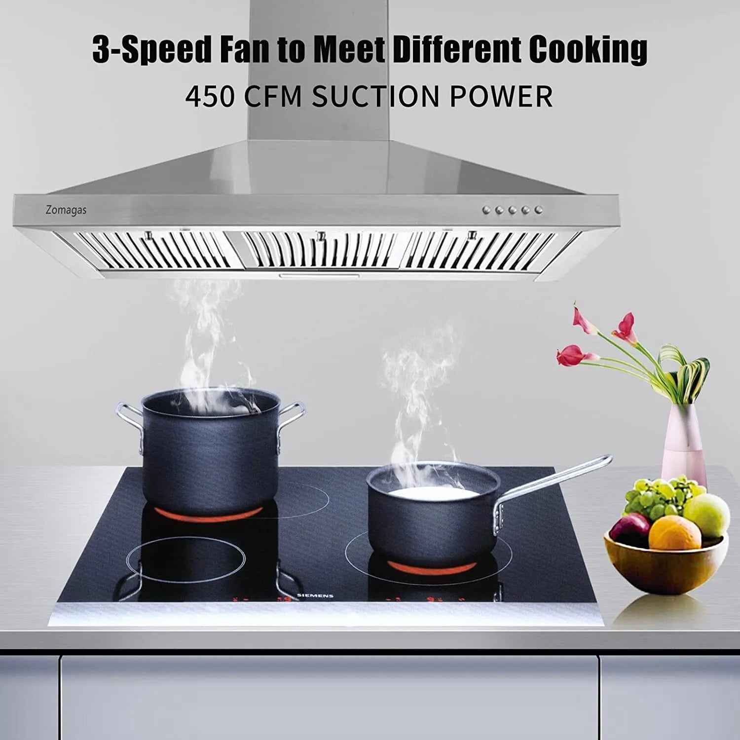 36" Wall Mount Range Hood 450CFM 120V - Stainless Steel with 3-Speed Control & LED Light