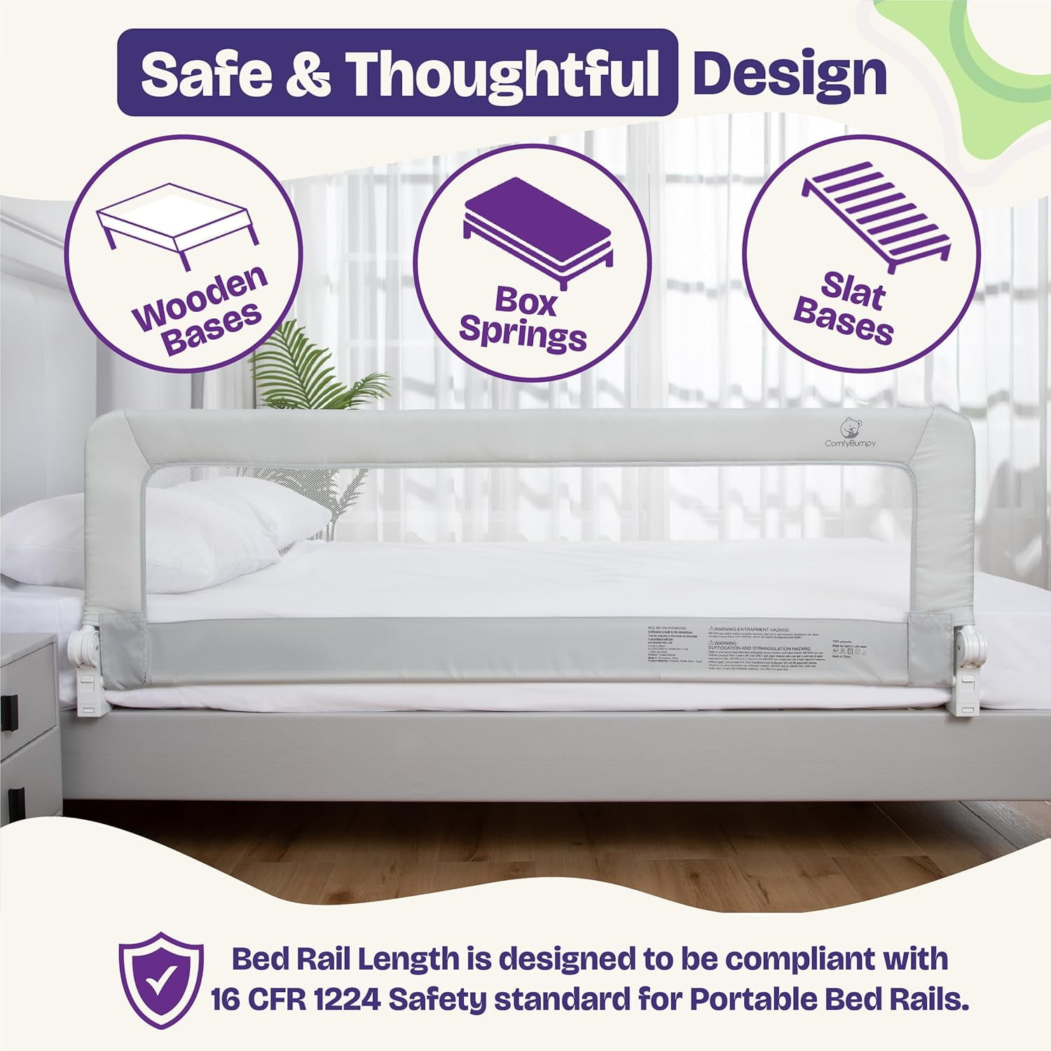 ComfyBumpy Toddler Bed Rail Guard, 35.5" x 19.5" Regular Swing Down Rail for Kids Beds, Gray, 2 pack