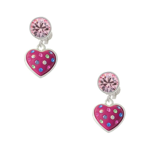 Delight Jewelry Silvertone Hot Pink Resin Heart in Frame Pink Crystal Clip on Earrings