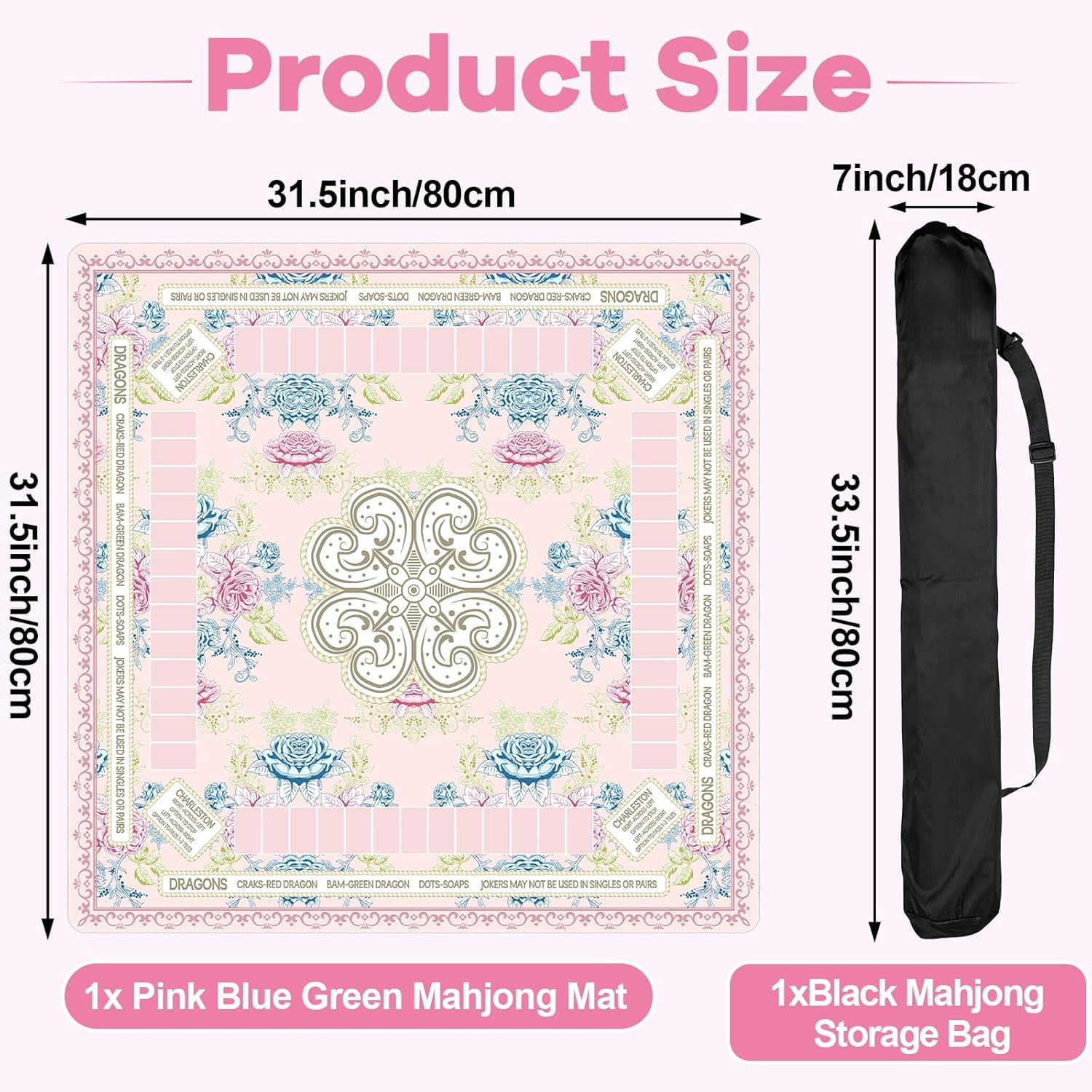 Chinoiserie Mahjong Mat with Black Carrying Bag 31.5 x 31.5 in Multi Purpose Game Table Cover Anti Slip and Noise Reduction for Mahjong Poker Board Card Dominoes Games(Pink Blue Green)