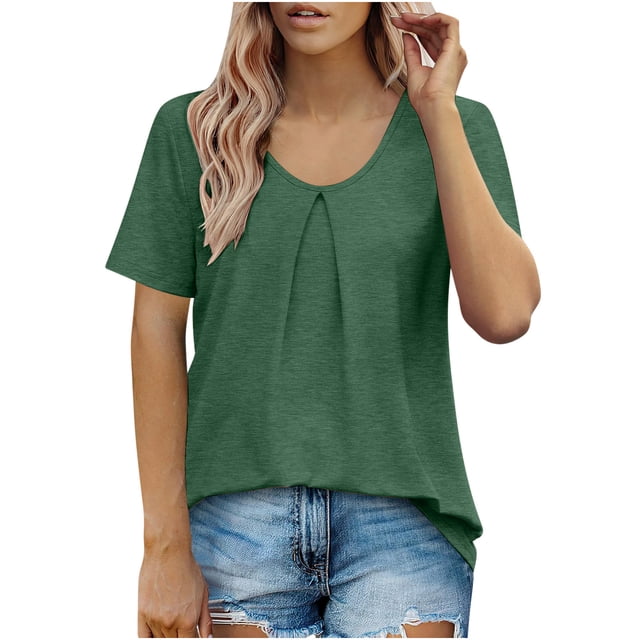 AherBiu Hauts d'Été pour Femmes Col Rond Froncé Décontracté Manches Courtes T-Shirts Blouse