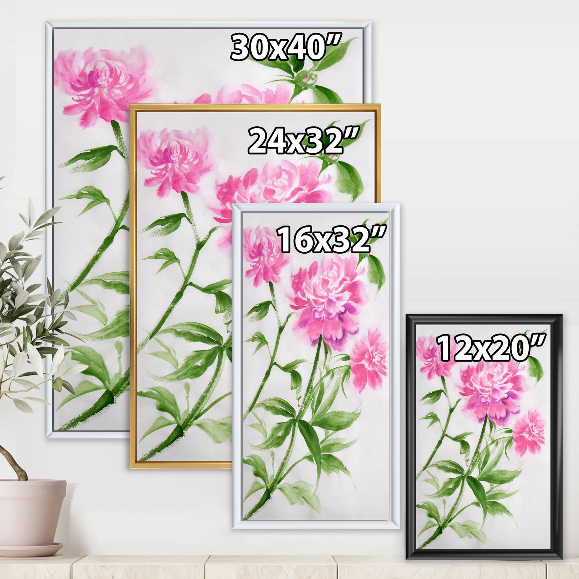 Designart 'Purple Peonies With Green Bush II' Traditional Framed Canvas Wall Art Print